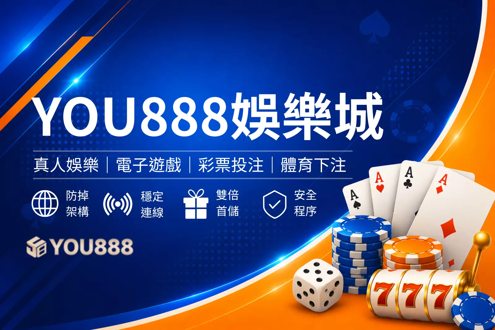 YOU888娛樂城封面圖,藍色娛樂城評測風格設計,結合優惠活動、熱門遊戲與平台特色介紹橫幅圖