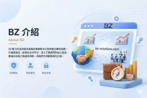 BZ娛樂城 商務解決方案介紹封面圖，採用現代 3D 質感設計。圖中左側包含標題「BZ 介紹」與「專業團隊、保障隱私、安全合規」三個圖示；右側展示一個大型瀏覽器視窗、一雙握手擁抱地球、一個指南針、一個公事包與成長金條，傳達 BZ 致力於全球數位轉型與企業成長。