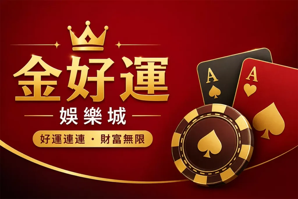 金好運娛樂城封面圖，簡約紅金娛樂城風格設計，結合皇冠、黑紅撲克牌與金色籌碼元素，呈現好運招財、財富感與高級娛樂氛圍的娛樂城形象橫幅圖