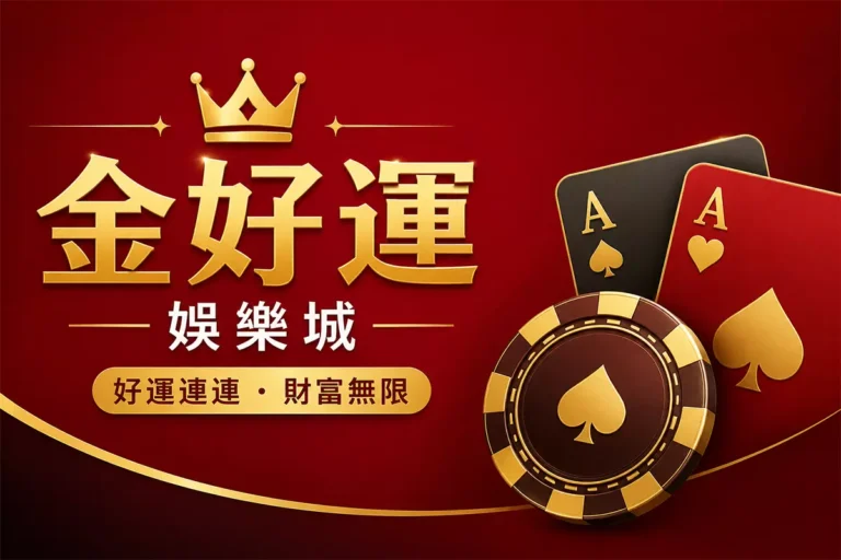 金好運娛樂城封面圖,簡約紅金娛樂城風格設計,結合皇冠、黑紅撲克牌與金色籌碼元素,呈現好運招財、財富感與高級娛樂氛圍的娛樂城形象橫幅圖