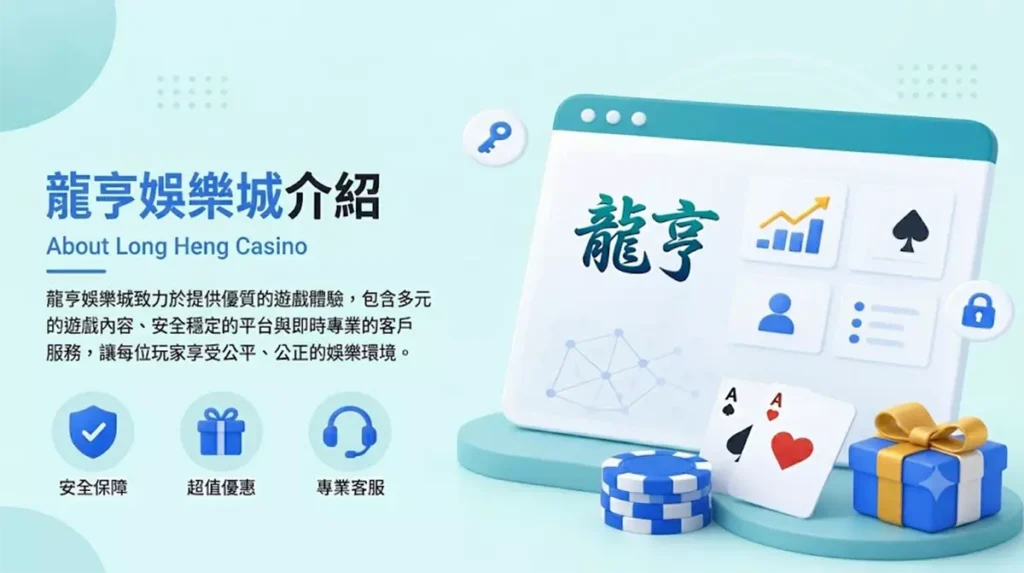 龍亨娛樂城介紹封面圖-風格簡潔乾淨包含安全保障、超值優惠與專業客服圖示