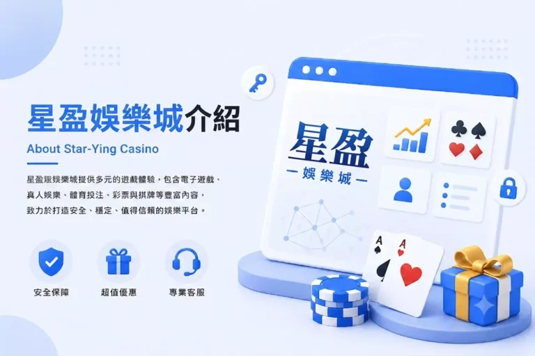 星盈娛樂城介紹封面圖-風格簡潔乾淨包含安全保障、超值優惠與專業客服圖示