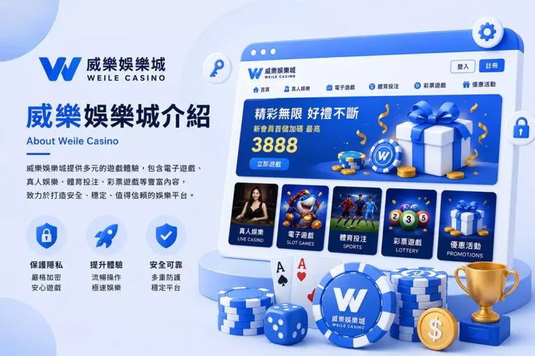 威樂娛樂城介紹形象圖，展示Weile Casino平台介面、多元遊戲內容與品牌特色資訊
