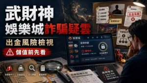 武財神娛樂城詐騙疑雲主題封面，整理玩家評價、不出金風險、假網站辨識與娛樂城詐騙分析。