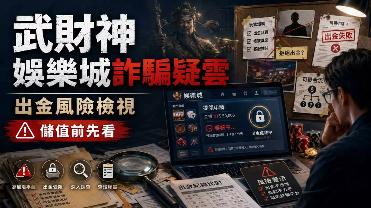 武財神娛樂城詐騙疑雲主題封面,整理玩家評價、不出金風險、假網站辨識與娛樂城詐騙分析。